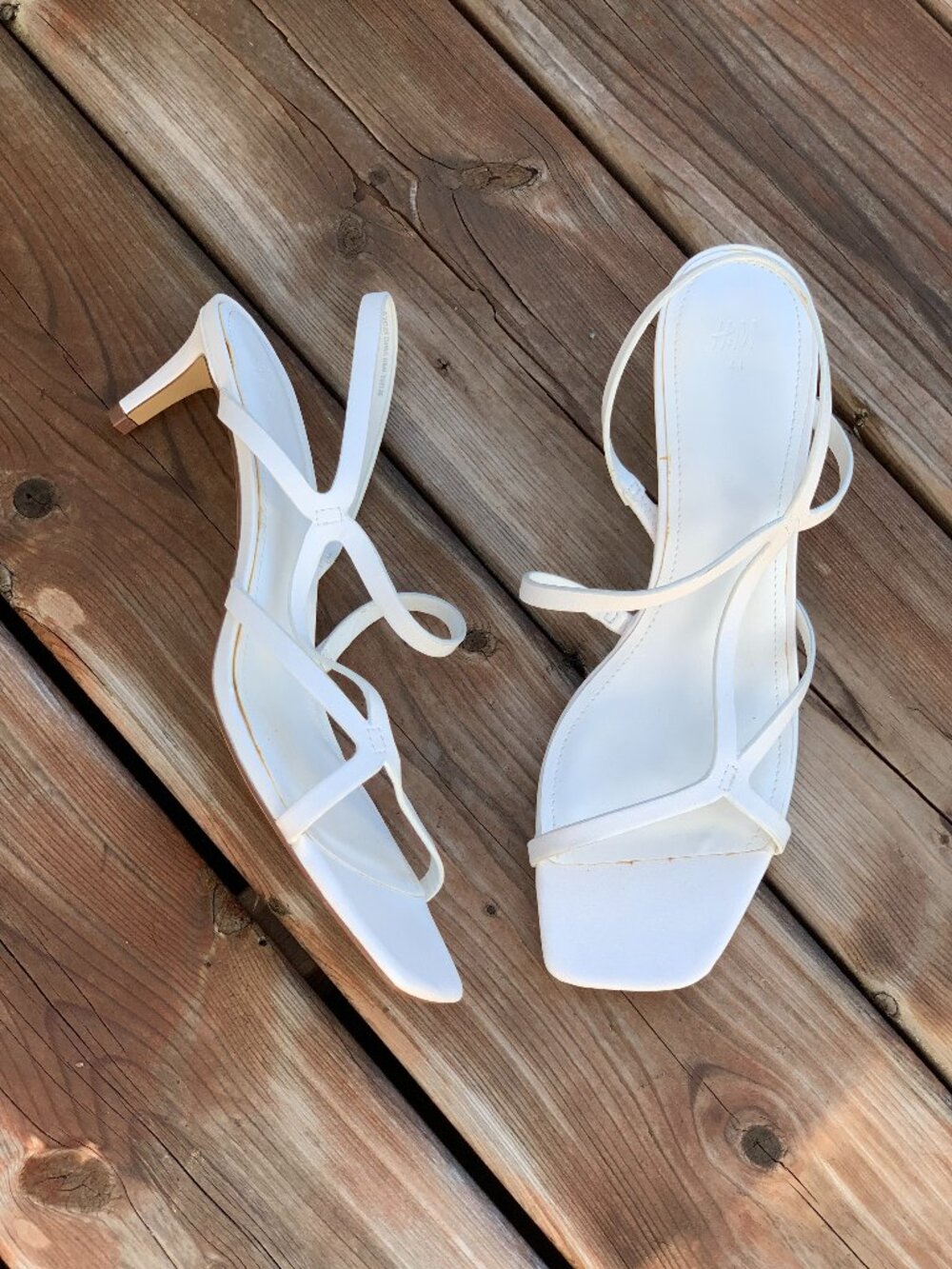 H&M Strappy Square Toe Kitten Heel Sandal 9.5 White Faux Leather Slip On Shoes
